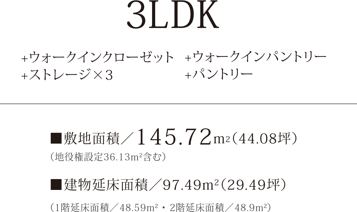3LDK+ウォークインクローゼット+ストレージ×3+ウォークインパントリー+パントリー